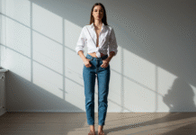 une femme en jean et chemise blanche