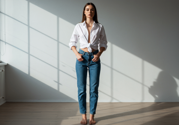 une femme en jean et chemise blanche