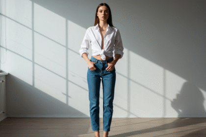 une femme en jean et chemise blanche