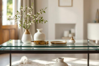 Accessoires décoratifs élégants autour d'une table basse en verre