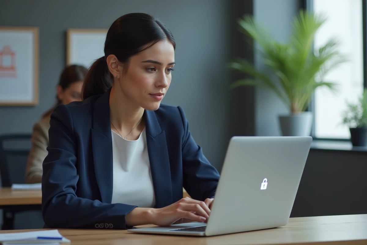 Femme professionnelle vérifiant la sécurité d'un accès en ligne sur un ordinateur portable dans un bureau moderne