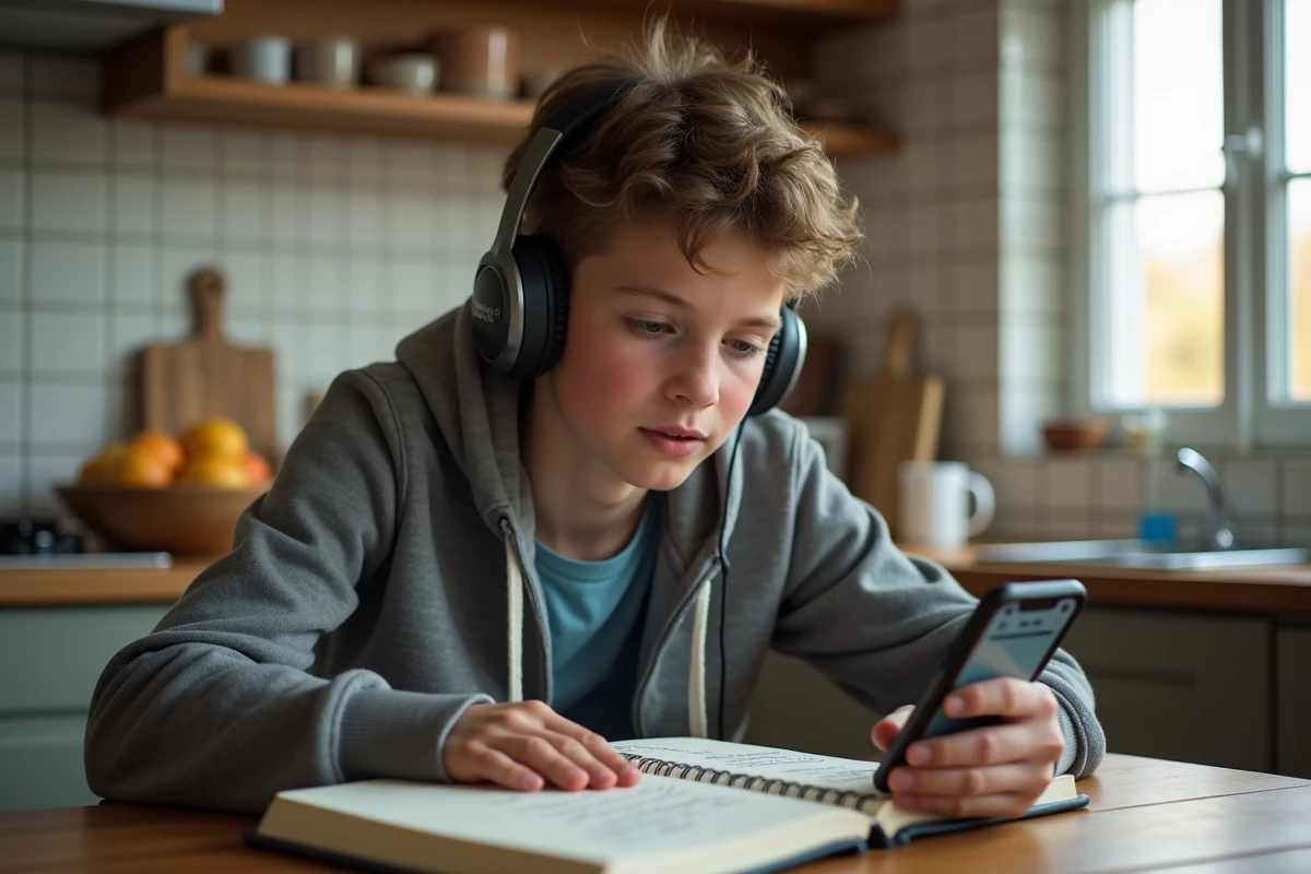 Adolescent écoute musique en lisant les paroles