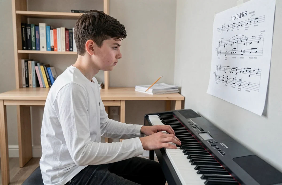 Adolescent apprenant à repérer le si bémol sur un piano numérique avec un schéma de clavier