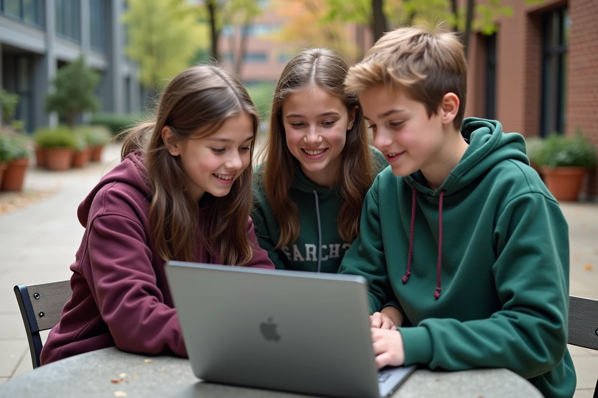 Groupe d'adolescents collaborant sur un quiz en ligne sur la Journée de la Terre et l'éducation au développement durable dans une cour d'école