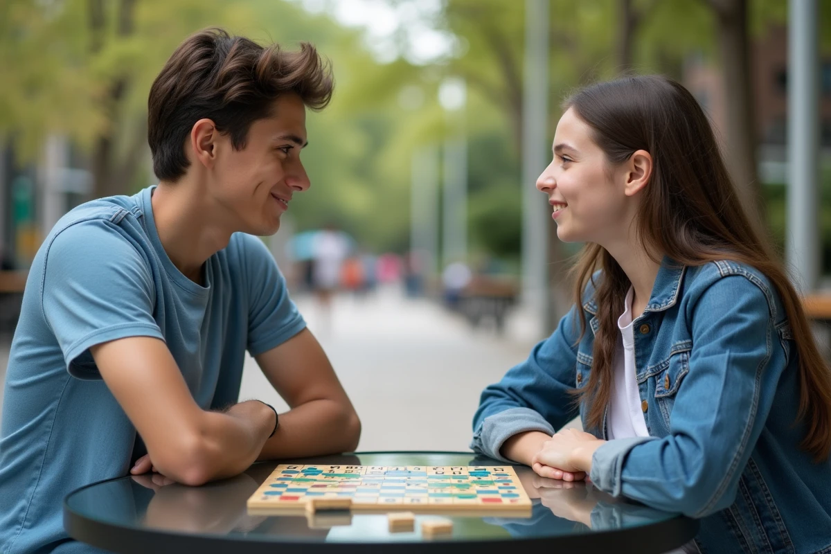 Adolescents jouant au Scrabble en extérieur