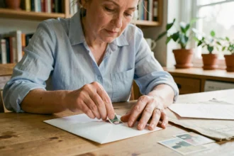 Femme collant un timbre sur une enveloppe blanche à la maison, illustration du tarif d'affranchissement 2026