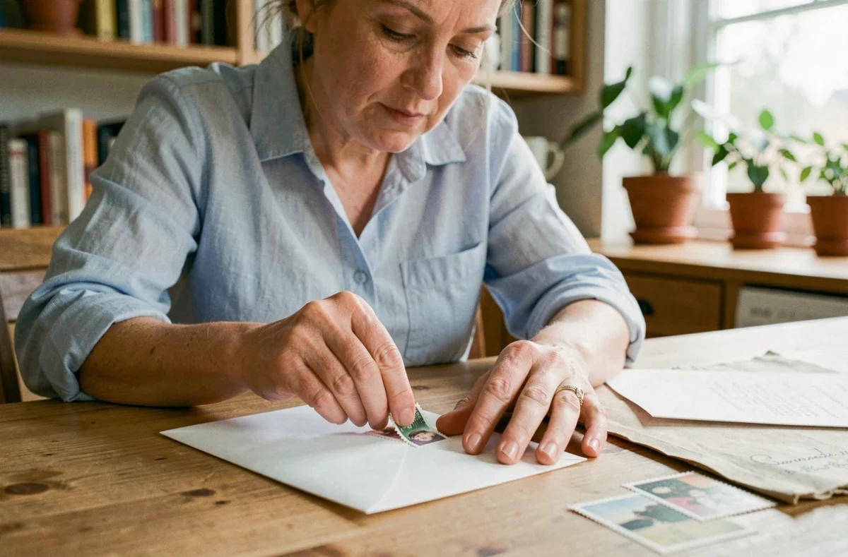 Femme collant un timbre sur une enveloppe blanche à la maison, illustration du tarif d'affranchissement 2026