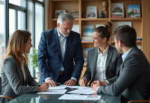 Homme d'affaires en costume navy discutant avec un couple