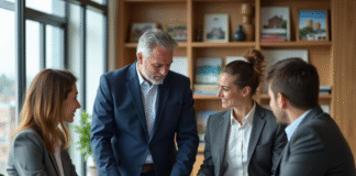 Homme d'affaires en costume navy discutant avec un couple