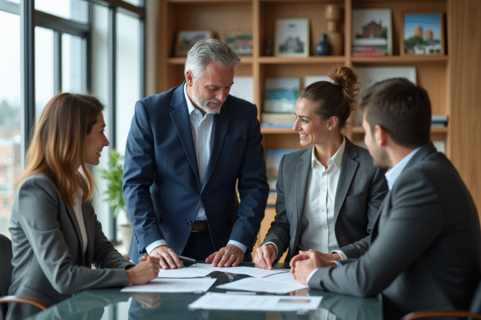 agent-immobilier-confiant-bureau Homme d'affaires en costume navy discutant avec un couple
