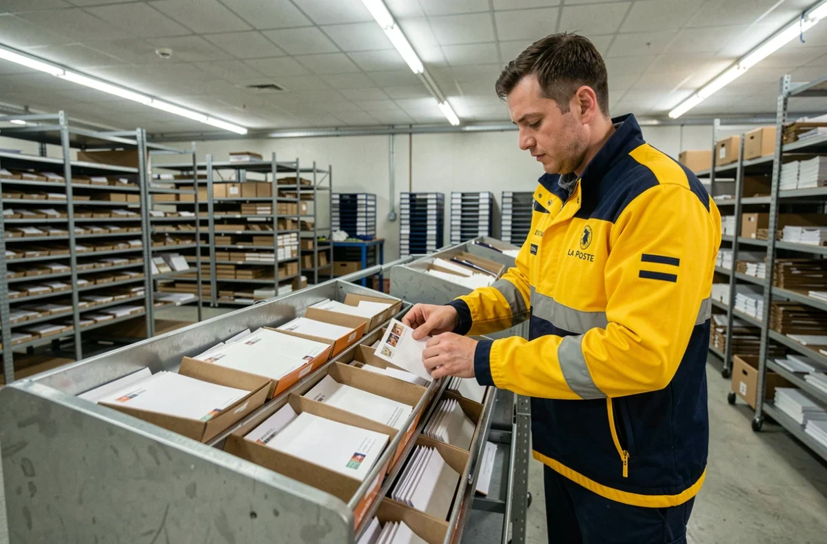 Agent de La Poste triant des lettres dans un centre de tri postal en semaine