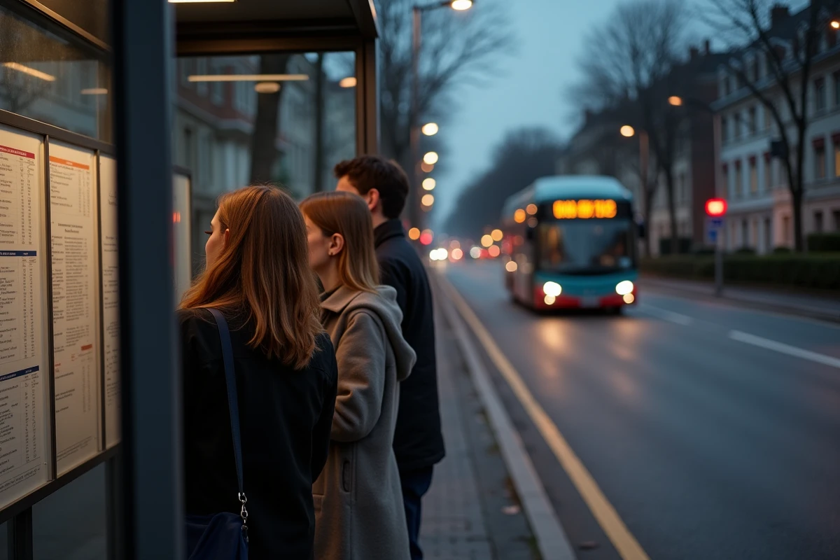 Trois amis attendent à un abri bus en soirée