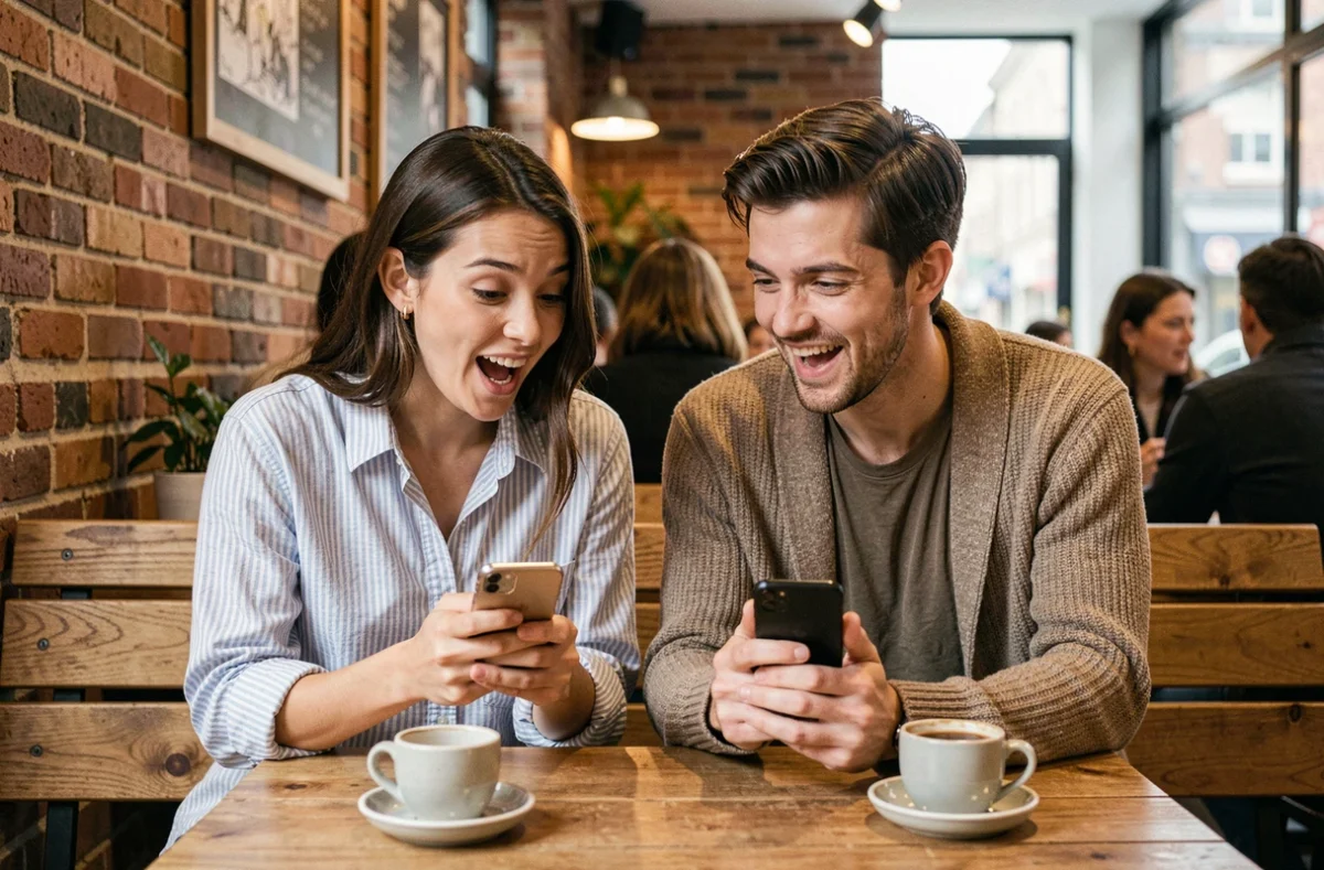Deux amis partageant leur découverte de scantrad manga sur smartphone dans un café urbain