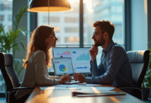 Homme et femme analysant des graphiques de données dans un bureau moderne