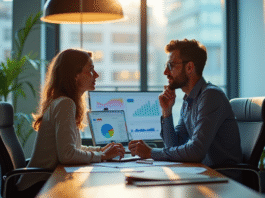 Homme et femme analysant des graphiques de données dans un bureau moderne