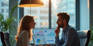 Homme et femme analysant des graphiques de données dans un bureau moderne