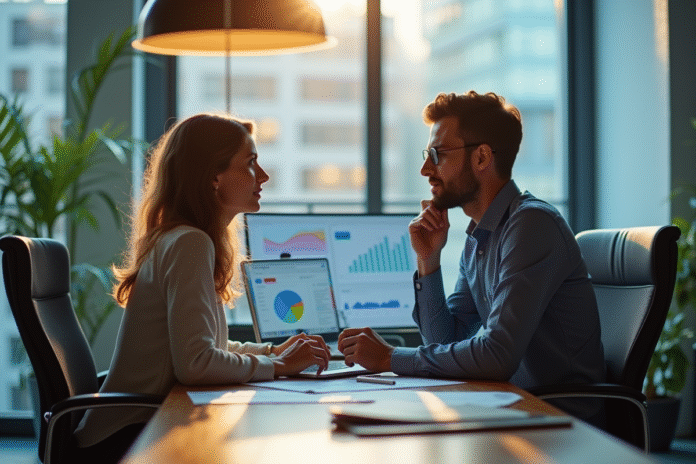 Homme et femme analysant des graphiques de données dans un bureau moderne