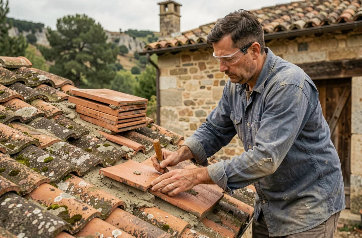 Technicien Ardèche Toiture remplaçant des tuiles canal endommagées sur une ferme en pierre ancienne