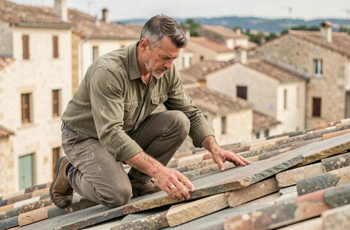 Artisan Graff Donovan posant des lauzes sur une toiture inclinée à Aubenas en Ardèche