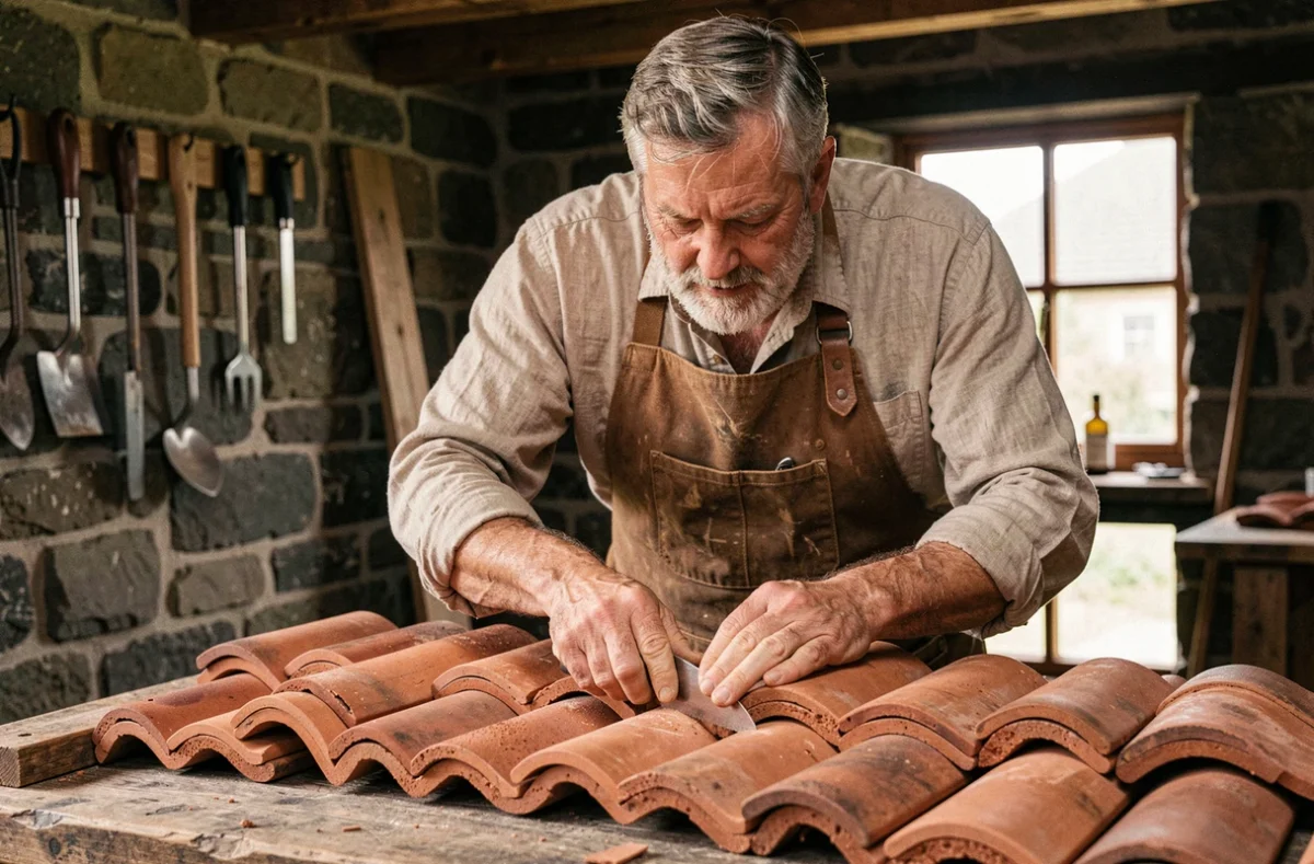 Artisan de l'Atelier Du Couzing travaillant des tuiles canal en argile dans un atelier de charpente traditionnel