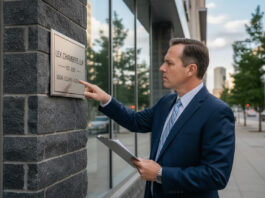 Plaques professionnelles : quand la conformité devient un enjeu juridique Avocat en costume navy examinant une plaque professionnelle
