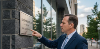 Plaques professionnelles : quand la conformité devient un enjeu juridique Avocat en costume navy examinant une plaque professionnelle