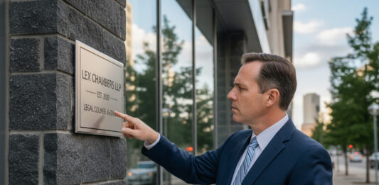 Plaques professionnelles : quand la conformité devient un enjeu juridique Avocat en costume navy examinant une plaque professionnelle