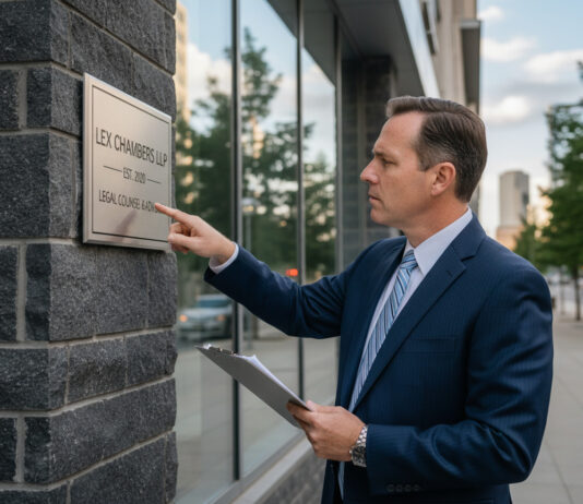 Plaques professionnelles : quand la conformité devient un enjeu juridique Avocat en costume navy examinant une plaque professionnelle