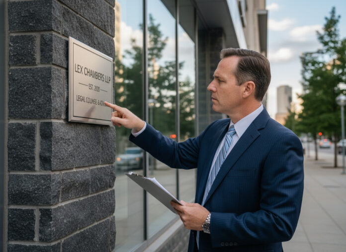 Avocat en costume navy examinant une plaque professionnelle
