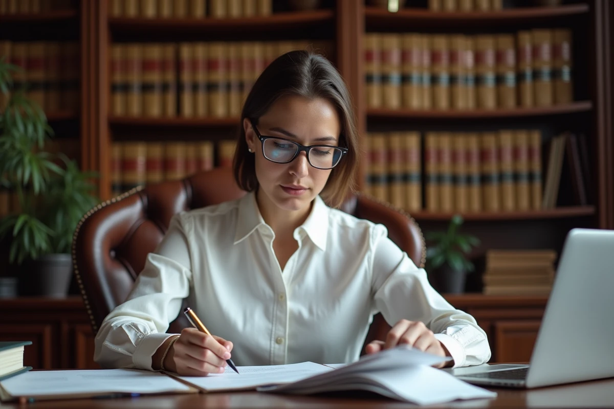 Avocate spécialisée en droit des affaires analysant des documents juridiques liés à une acquisition dans un cabinet d'avocats traditionnel