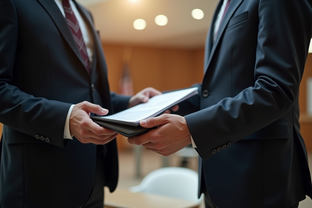 Deux avocats en discussion dans un tribunal moderne