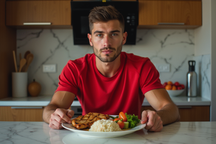 boxeur-preparation-repas Jeune boxeur prépare un repas sain dans la cuisine