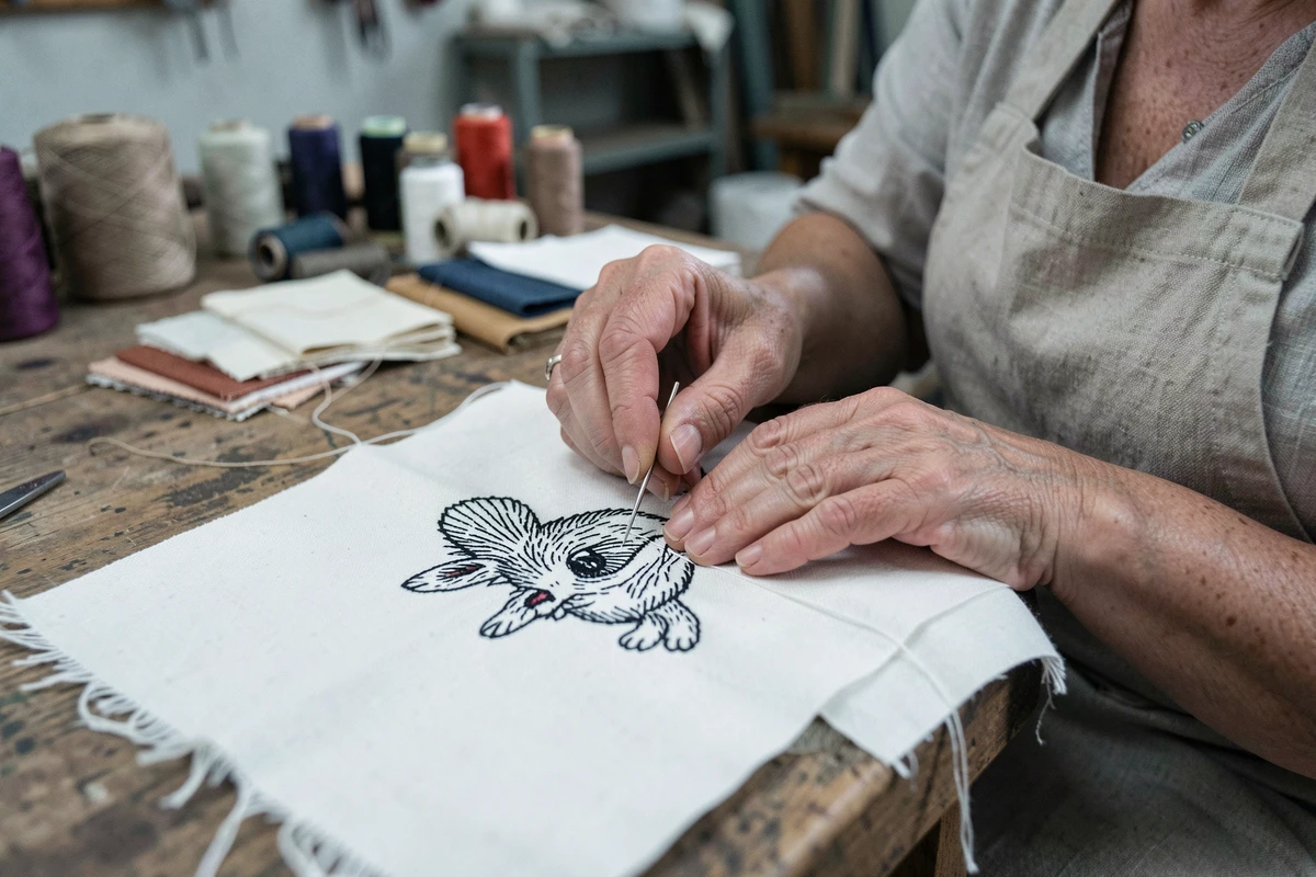 Artisane brodant un motif d'hermine traditionnelle breton sur tissu blanc dans un atelier de couture