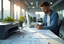 Espace de bureau moderne avec imprimante technique et plans