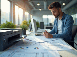 Espace de bureau moderne avec imprimante technique et plans