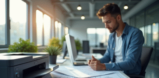 Espace de bureau moderne avec imprimante technique et plans