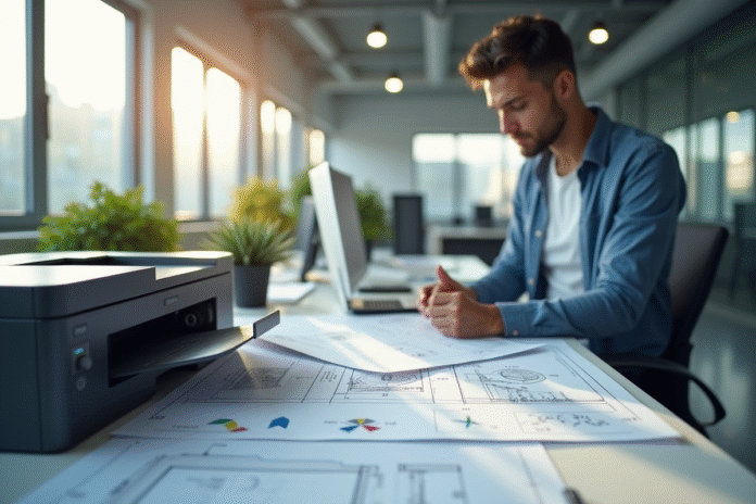 Espace de bureau moderne avec imprimante technique et plans