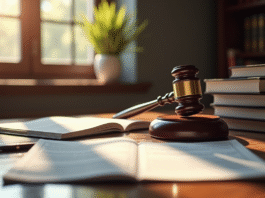 Bureau juridique bien éclairé avec livres de droit et maillet