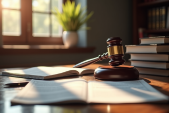 Bureau juridique bien éclairé avec livres de droit et maillet