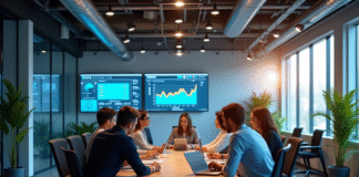 Espace de bureau moderne avec équipe diverse en réunion