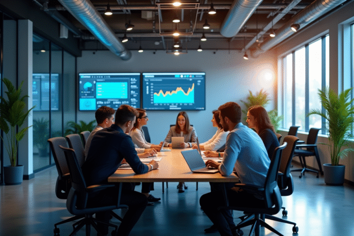 Espace de bureau moderne avec équipe diverse en réunion