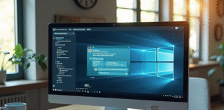 Espace de travail moderne avec écran ChatGPT et sécurité