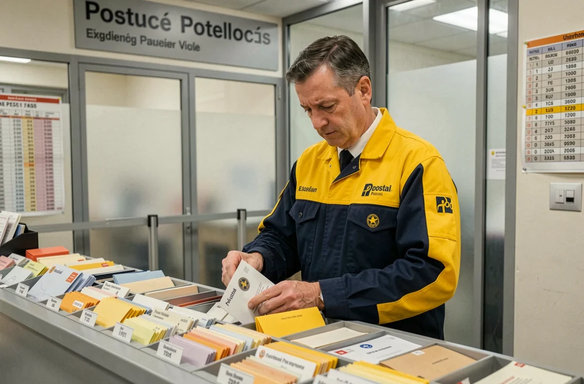 Agent postal triant des lettres au guichet d'un bureau de poste, tarifs d'affranchissement affichés en arrière-plan