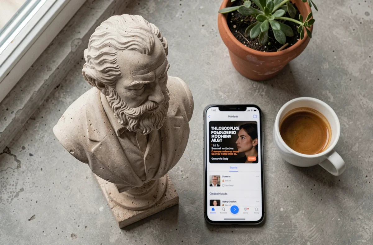 Buste de philosophe du XIXe siècle juxtaposé à un smartphone et un espresso, symbolisant la redécouverte de Schopenhauer en 2026