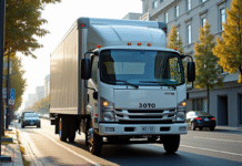 Camion de déménagement urbain vu de trois quarts en plein jour