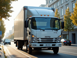 Camion de déménagement urbain vu de trois quarts en plein jour