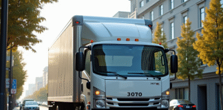Camion de déménagement urbain vu de trois quarts en plein jour