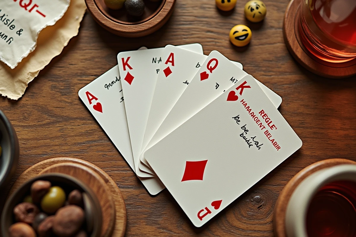 Vue aérienne des cartes de jeu Palmier REGLE avec liste de gages et verre de rosé sur table en bois rustique