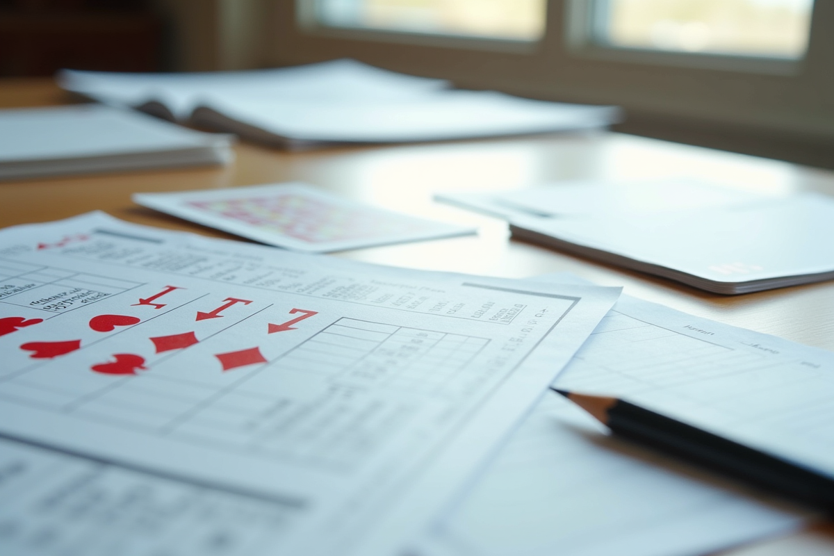Cartes et feuilles de score sur une table lumineuse