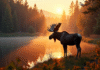 Cerf majestueux au bord d'un lac au lever du soleil